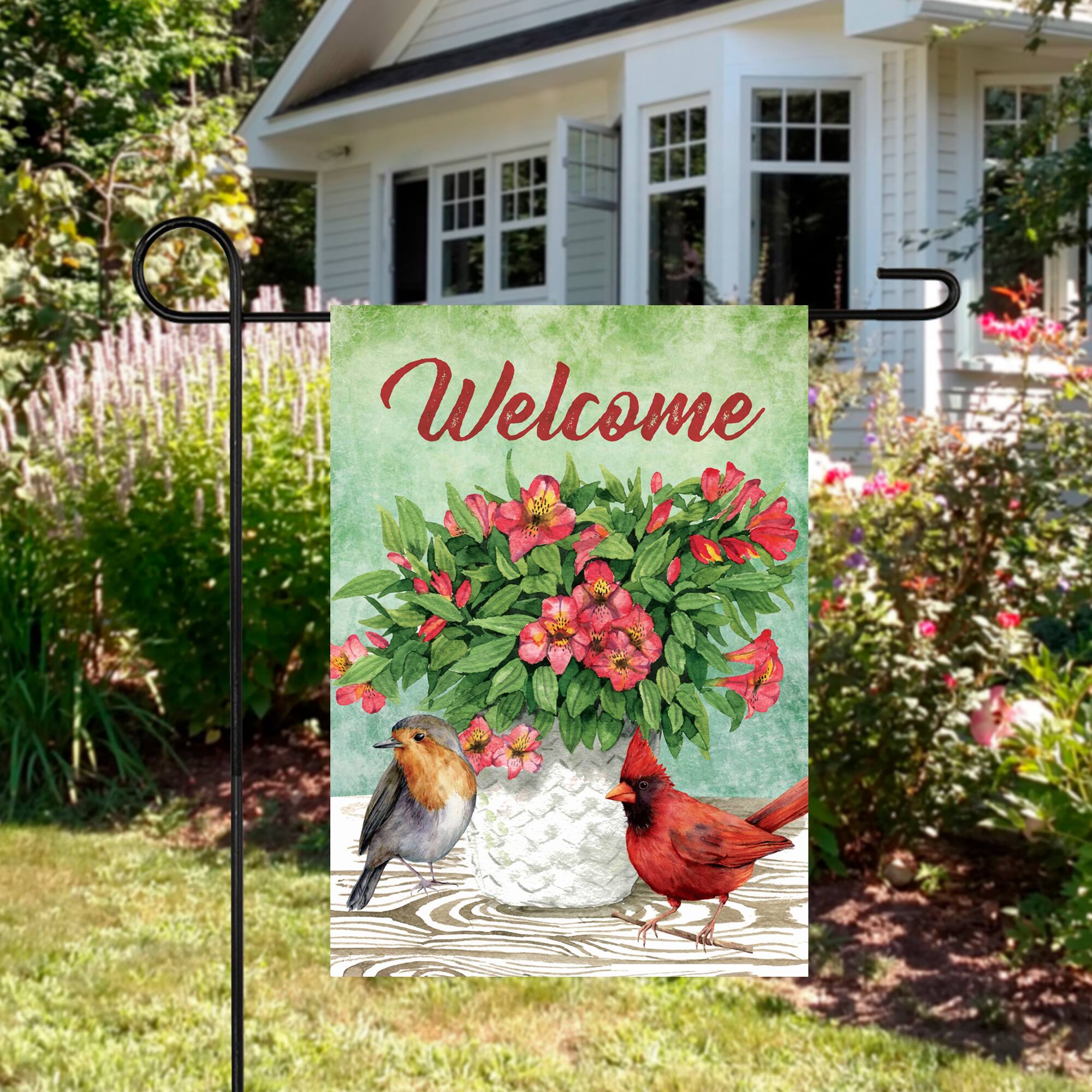 Welcome Cardinal Bird & Spring Bouquet Flag